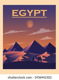 Egyptian country illustration with a pyramid at night, with a flat design style