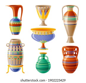 Icono de vajilla egipcia. Vase, olla, ánfora, jarra. Antigua decoración geométrica floral de adorno de la antigua artesanía de arcilla egipcia. Ilustración vectorial 3d realista, aislada en fondo blanco