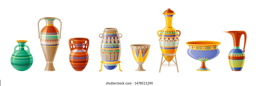 Egyptian crockery, pottery craft icon set. Vase, pot, amphora, jug. Geometric floral ornament decoration from ancient Egypt art. Cartoon 3d realistic, vector illustration isolated on white background