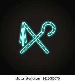 Egyptian crook and flail icon in glowing neon style. Ancient royal regalia symbol. Heka and Nekhakha sign. Vector illustration.