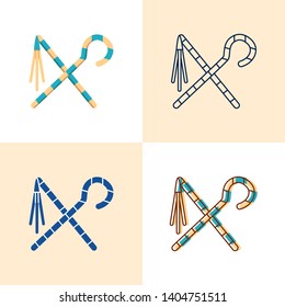 Egyptian crook and flail icon set in flat and line style. Ancient royal regalia symbol. Heka and Nekhakha sign. Vector illustration.