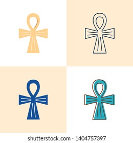 Egyptian cross icon set in flat and line styles. Ancient religious symbol. Vector illustration.