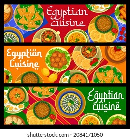 Egyptian cuisine food banners, Arab dishes and meals, vector. Egyptian cuisine restaurant lunch and dinner menu of couscous with lamb, shurba rice soup and stuffed tomatoes, anchovy and duck