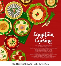 Egyptian cuisine menu cover, Egypt food dishes and meals, vector restaurant poster. Egyptian cuisine traditional food of couscous barley, pilaf rice with lamb and chicken, lentils and anchovy