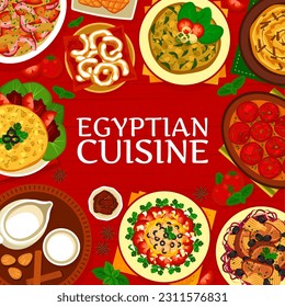 Egyptian cuisine menu cover, Egypt food dishes and Arabic meals, vector. Egyptian cuisine restaurant menu with almond milk and twists, priest fainted and lamb with artichokes or spinach omelet