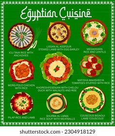 Egyptian cuisine menu, food dishes and meals, vector restaurant lunch and dinner. Egyptian cuisine traditional couscous with lamb, icli tava rice with anchovy and lissan al assfour stewed lamb