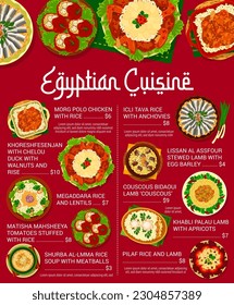 Egyptian cuisine menu, lunch and dinner dishes, vector restaurant meals. Egyptian cuisine couscous bidaoui with lamb, megaddara rice and lentils, morg polo chicken and matisha mahsheeya tomatoes