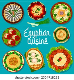 Egyptian cuisine restaurant menu cover, Egypt food dishes and meals, vector poster. Egyptian cuisine traditional lunch and dinner soup, pilaf rice and couscous with lamb or chicken, lentils and tomato