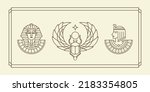 egyptian culture illustration logo. Ancient Egypt vintage art hipster line art Illustration vector with Scarab beetle, pharaoh and queen Cleopatra, old school tattoo style artwork collection set.