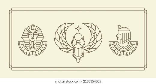 egyptian culture illustration logo. Ancient Egypt vintage art hipster line art Illustration vector with Scarab beetle, pharaoh and queen Cleopatra, old school tattoo style artwork collection set.