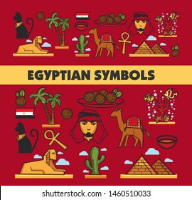 Egyptian culture and symbols Egypt architecture cuisine and animals vector tourism pyramids and camel palms and sphinx ankh and cat bedouin and meat, balls coral reef and cactus national flag and tea