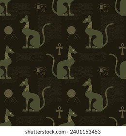 Egyptian decorated cat shape silhouette sitting. Seamless pattern. Vector illustration.