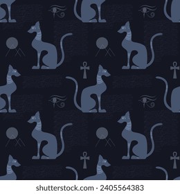 Egyptian decorated cat shape silhouette sitting. Seamless pattern. Vector illustration.