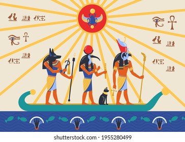 Egyptian deities or gods sailing papyrus or reed boat bas relief. Cartoon vector illustration. Egyptian Horus, Thoth, Anubis gods, scarab, symbols, hieroglyphics. Ancient Egypt, history, art concept