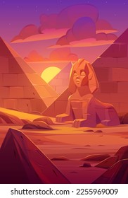 Egyptian desert with ancient sphinx sculpture and pyramid at sunset. Desert landscape with Egypt famous landmarks, sand orange dunes under pink sky, vector cartoon illustration