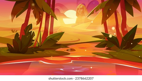 Egyptian desert landscape with oasis during sunrise or sunset. Cartoon vector landscape with lake and palm trees on skyline with pyramids and sphinx in sand. Summer african scene with ancient town.