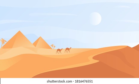 Egyptian desert nature landscape vector illustration. Cartoon flat desert scenic wild natural lands with sand dunes, pyramids and camel caravan wilderness scenery in Egypt background