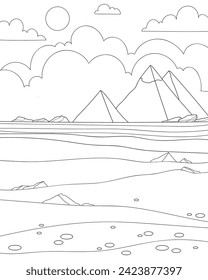 Egyptian desert with pyramids. Coloring page, black and white vector illustration.