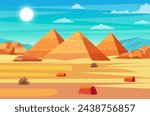 Egyptian desert with pyramids. Giza plateau landscape with egyptian pharaohs pyramids. Ancient historical, famous touristic attractions in african desert. Vector illustration in flat style