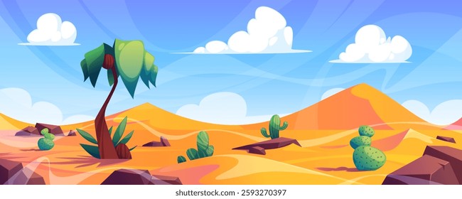 Egyptian desert with pyramids and greenery. Vector cartoon landscape with sand dunes and cactuses, ancient tombs of Egypt pharaoh and stones, clouds in sky. Hot wasteland environment scene