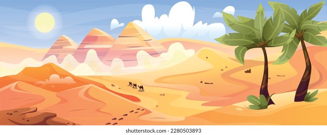 Egyptian desert with pyramids. Natural beautiful panorama with palm trees and silhouettes of camels on sand. Hot sun on summer day above pharaoh tombs and dunes. Cartoon flat vector illustration