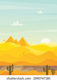 Egyptian desert with pyramids. Vector cartoon illustration of landscape with yellow sand dunes, ancient tombs of Egypt pharaoh, hot sun and clouds in sky