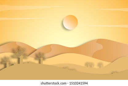 Egyptian desert vector illustration background paper cut craft style design. Arabian desert scenery with sunset, palm dates, sun and mountain  in desert in paper cut craft art style design.
