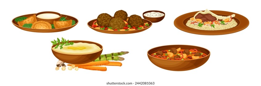 Egyptian Dish and Food Served on Plate Vector Set