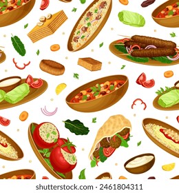 Egyptian Dish Seamless Pattern Design with Traditional Cooked Food on Plate Vector Template