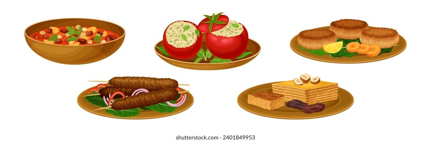 Egyptian Dish and Traditional Cooked Food on Plate Vector Illustration Set