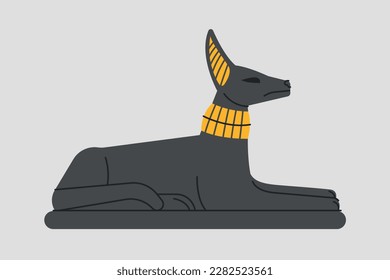 Egyptian dog statue. Gold and black Anubis. African, architecture traditions and culture. Black jackal with golden necklace statuette. Cartoon flat vector illustration