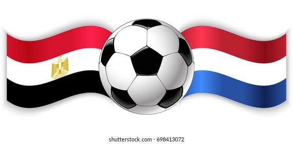 Egyptian and Dutch wavy flags with football ball. Egypt combined with Netherlands isolated on white. Football match or international sport competition concept.