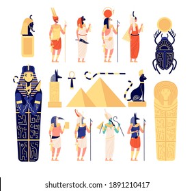 Egyptian elements. Ancient egypt gods, goddess mythology sculpture. Flat pyramid, isolated historical archeology symbols utter vector set