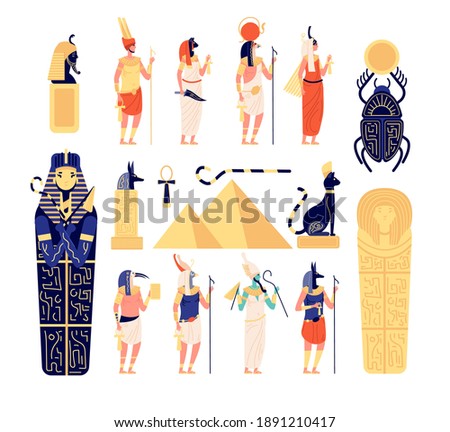 Egyptian elements. Ancient egypt gods, goddess mythology sculpture. Flat pyramid, isolated historical archeology symbols utter vector set