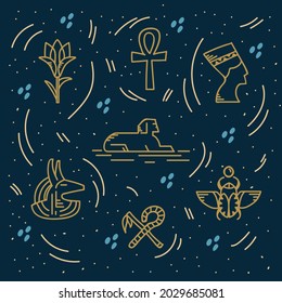 Egyptian elements in the doodle style. Mythological poster with the Gods of the ancient world of Egypt. Historical icons in the vector for the background. Vector illustration