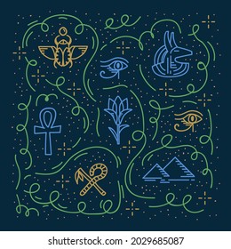 Egyptian elements and motifs of the Ancient World. An illustration with Gods, a Scarab, an Eye and Pyramids. The ancient world of Egypt on a modern design. Vector illustration