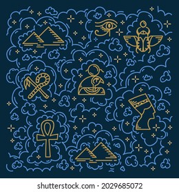 Egyptian elements and motifs of the Doodle poster. Vector illustration with Gods, Scarab, Eye and Pyramids. Linear pattern of the ancient world of Egypt. Vector illustration