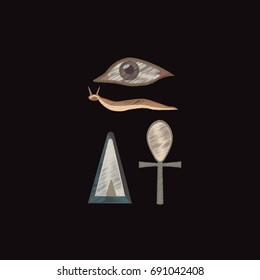 Egyptian in embroidery. Template for clothes, textiles, t-shirt design. Embroidered hieroglyphic carvings, frescoes, mythological scenes. Vector illustration