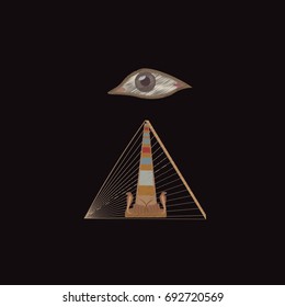 Egyptian in embroidery. Template for clothes, textiles, t-shirt design. Embroidered hieroglyphic carvings, frescoes, mythological scenes. Vector illustration