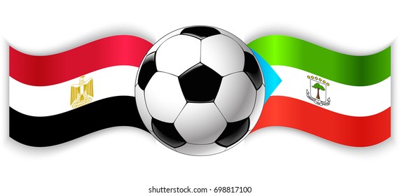 Egyptian and Equatorial Guinean wavy flags with football ball. Egypt combined with Equatorial Guinea isolated on white. Football match or international sport competition concept.