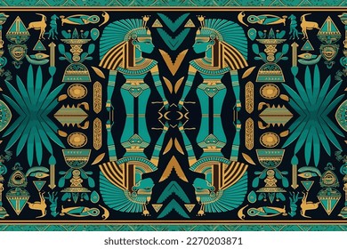 Egyptian ethnic seamless pattern blue green background. Abstract traditional folk old ancient antique tribal ethnic Egypt graphic line. Ornate elegant luxury vintage retro style for texture textile.