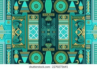 Egyptian ethnic seamless pattern blue green background. Abstract traditional folk old ancient antique tribal ethnic Egypt graphic line. Ornate elegant luxury vintage retro style for texture textile.