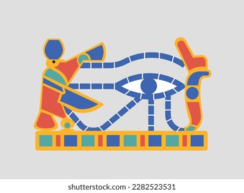 Egyptian eye statue concept. Vintage traditional multicolored hieroglyph or symbol. Archeology and paleontology. African culture and history. Cartoon flat vector illustration