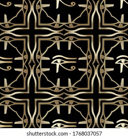 Egyptian eyes seamless pattern. African tribal ethnic vector background with abstract shapes, hieroglyphs, symbols, signs, all seeing eyes. Geometric ornate golden design for fabric, prints, textile.