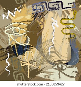 Egyptian eyes seamless pattern. Rough colorful graffiti style background. Repeat dirty backdrop. Hand drawn doodle ancient symbols, signs. Abstract ornament. Egyptian eyes, hieroglyphs, snake, zigzag.