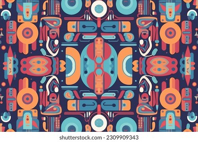 Egyptian fabric pattern. Abstract indigenous line art for ancient Egypt orange and blue tone. Ornate elegant luxury vintage retro modern style. For texture textile background backdrop tile wallpaper.