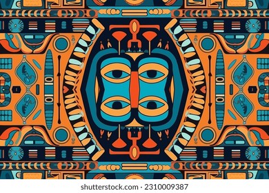 Egyptian fabric pattern. Abstract indigenous line art for ancient Egypt orange and blue tone. Ornate elegant luxury vintage retro modern style. For texture textile background backdrop tile wallpaper.
