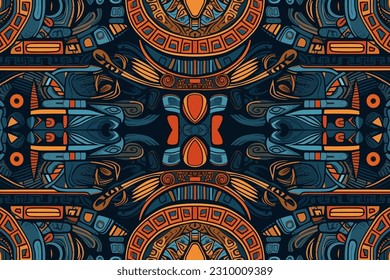 Egyptian fabric pattern. Abstract indigenous line art for ancient Egypt orange and blue tone. Ornate elegant luxury vintage retro modern style. For texture textile background backdrop tile wallpaper.