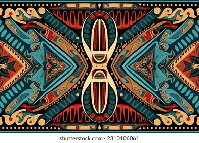 Egyptian fabric pattern. Abstract indigenous line art for ancient Egypt orange and blue tone. Ornate elegant luxury vintage retro modern style. For texture textile background backdrop tile wallpaper.