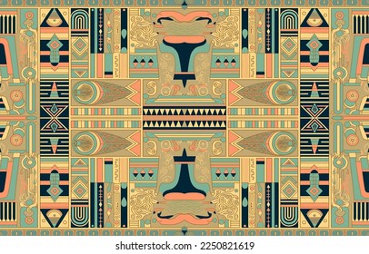 Egyptian fabric pattern vintage pastel colors. Abstract indigenous line art for ancient Egypt. Egyptian textile vector illustration old antique vintage retro style. Design for clothing, backdrop, etc.